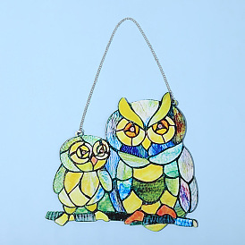 Stained Acrylic Owl Art Window Planel with Chain, for Suncatchers Window Home Hanging Ornaments