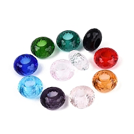 Verre transparent perles européennes, rondelle, Perles avec un grand trou   , à facettes (128 facettes)