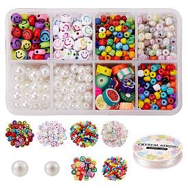 Glass Seed Beads, with ABS 905Pcs Plastic Imitation Pearl and Polymer Clay Acrylic Round Beads, with Round Crystal Elastic Stretch Thread, for Bracelets Gemstone Jewelry Making Beading Craft