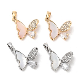 Brass Micro Pave Clear Cubic Zirconia Pendants, with Shell, Butterfly