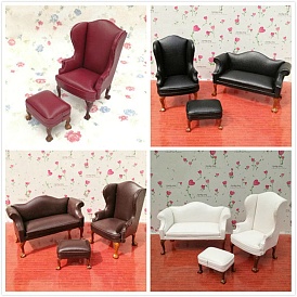 Single and Double Imitation Leather Sofas with Footrests for Dollhouse Miniature Furniture Model