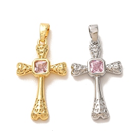 Brass Micro Pave Pink Cubic Zirconia Pendants, Hammered Cross Charms