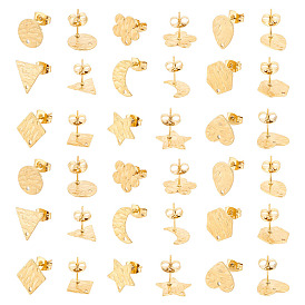 18 шт 9 стиль 304 серьги-гвоздики из нержавеющей стали, с отверстием и ушными гайками, шестиугольник и звезда и ромб и треугольник и цветок