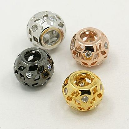 Brass Cubic Zirconia European Beads, Rondelle, 12x9mm, Hole: 5mm