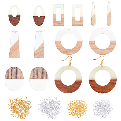 Kits de fabrication de boucles d'oreilles pendantes en résine à faire soi-même, 14 pcs larme & géométrie résine & pendentifs en bois de noyer, crochets de boucle d'oreille en laiton et 2 styles anneaux de saut