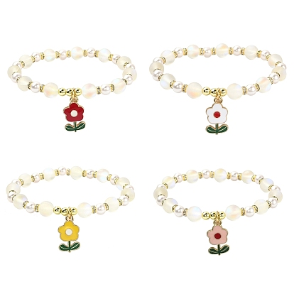 Synthetic Moonstone & Plastic Pearl & Hematite Beaded Stretch Bracelet, Zinc Alloy Enamel Flower Charms Bracelet