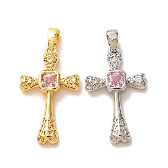 Pendentifs en laiton micro pavé de zircons cubiques roses, breloques en forme de croix martelée