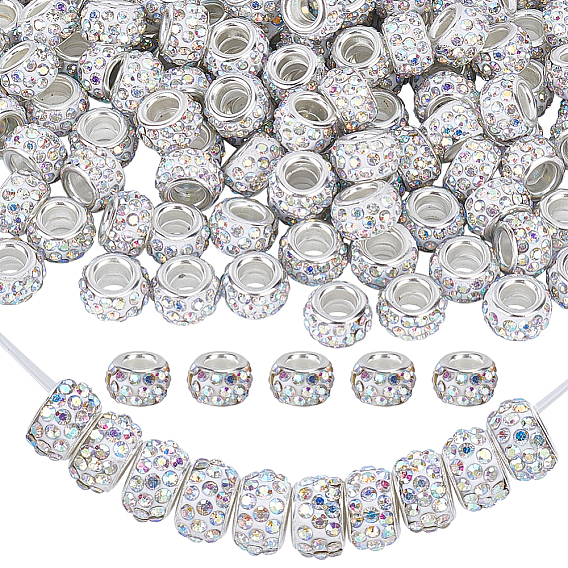 Handmade Polymer Clay Rhinestone European Large Hole Beads with Silver Color Plated Brass Cores, Rondelle