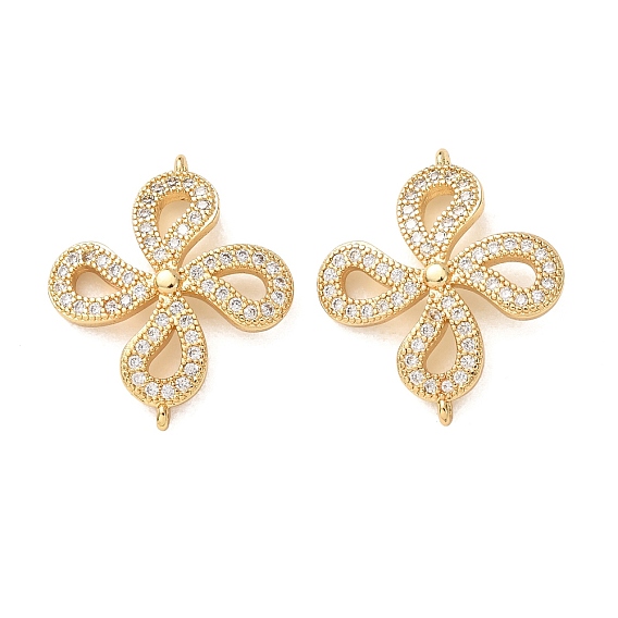Brass Micro Pave Clear Cubic Zirconia Connector Charms, Four-Leaf Clover Links, Rack Plating, Long-Lasting Plated, Cadmium Free & Lead Free