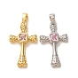 Pendentifs en laiton micro pavé de zircons cubiques roses, breloques en forme de croix martelée