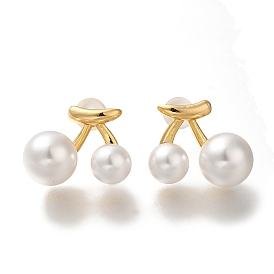 Brass ABS Imitation Pearl Stud Earrings for Women, Cherry, Left and Right