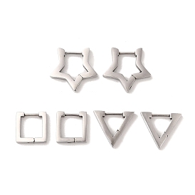 3 Pairs 3 Styles 304 Stainless Steel Hoop Earrings for Women, Square & Star & Triangle