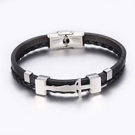 Leather Braided Cord Bracelets, with 304 Stainless Steel Finding, Rectangle with Crucifix