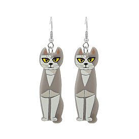 Acrylic Cat Dangle Stud Earrings with Sterling Silver Pins, Cute Animal Jewelry for Women