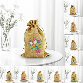 Diy 5d наборы подарочных пакетов с кулиской для алмазной живописи, включая льняной мешок, смола стразы, алмазная липкая ручка, поднос тарелка и клей глина, цветок/флаг/попугай/дерево/торт узор