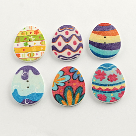 2-Hole Printed Wooden Buttons, Easter Egg, Mixed Color, 31x23x2mm, Hole: 2mm
