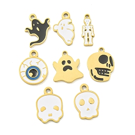 Halloween Theme Ion Platin (IP) 304 Stainless Steel Enamel Pendants, Golden, Ghost & Skull & Eye Charm