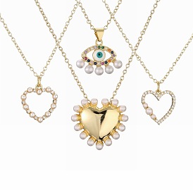 Fashionable Copper Micro-inlaid Zircon Heart Pendant Necklace with Pearl Lock Collarbone Chain Jewelry