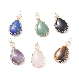 Natural Gemstone Copper Wire Wrapped Pendants, with Grade A Natural Cultured Freshwater Pearl, Real 18K Gold Plated, Teardrop