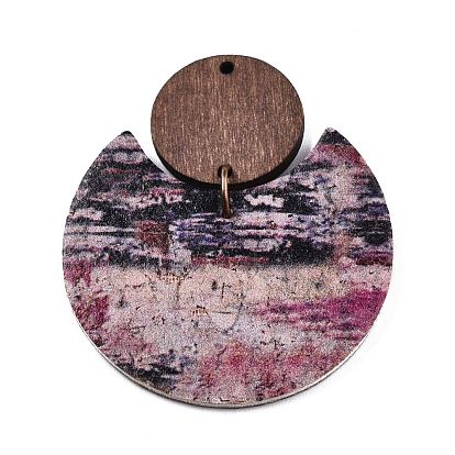Imitation Leather & Wood Pendants, Flat Round with Moon Charms