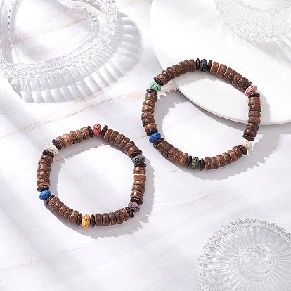 2шт. эластичные браслеты из натуральных кокосовых бусин и лавового камня для мужчин и женщин, рондель
