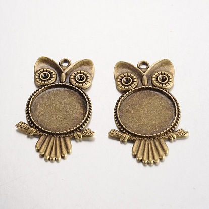 Owl Tibetan Style Alloy Big Pendant Cabochon Bezel Settings, Cadmium Free & Lead Free, Tray: 25mm, 55x35x2mm, Hole: 3mm, Fit 3mm rhinestones, about 103pcs/1000g