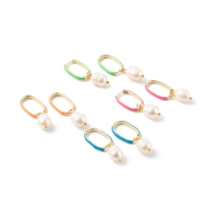 Brass Enamel Huggie Hoop Earrings, with Natural Pearl Beads, Rice, Golden