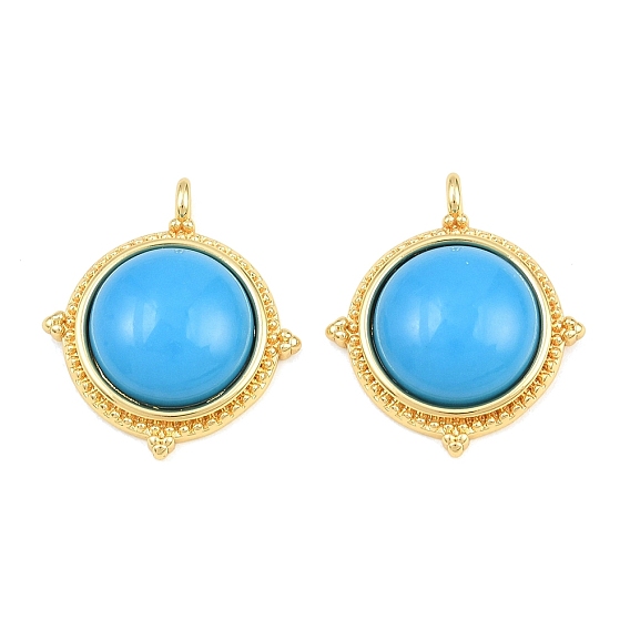 Dyed Synthetic Turquoise Pendants, Brass Half Round Bezeled Charms, Long-Lasting Plated, Cadmium Free & Lead Free, Rack Plating, Deep Sky Blue