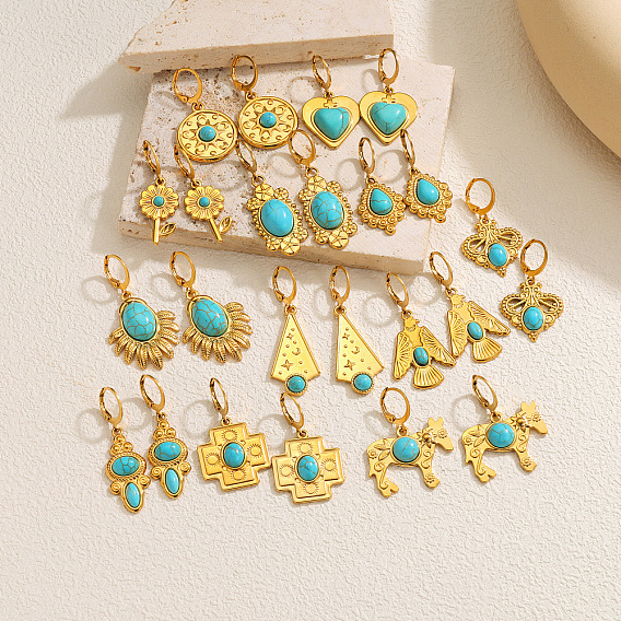 304 Stainless Steel Synthetic Turquoise Leverback Earrings, Real 18K Gold Plated