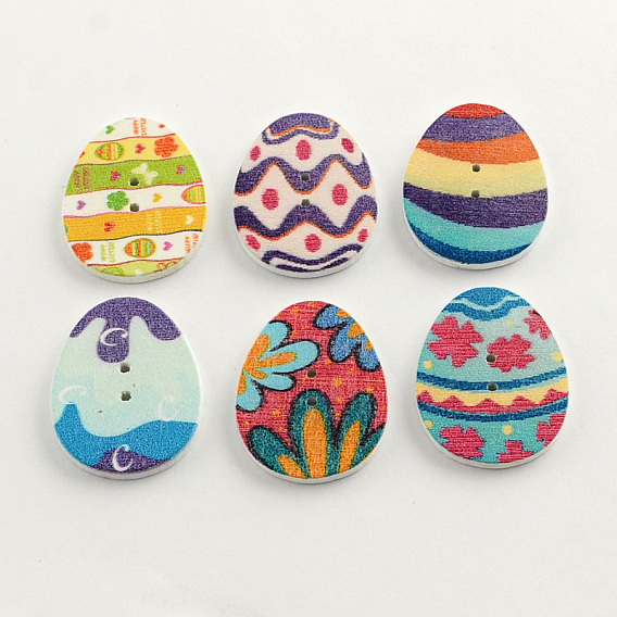 2-Hole Printed Wooden Buttons, Easter Egg, Mixed Color, 31x23x2mm, Hole: 2mm