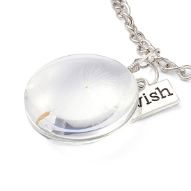 Dandelion Seed Wish Necklace for Teen Girl Women Gift, Transparent Flat Round Glass Pendant Necklace, with Iron Chain