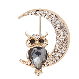 Golden Alloy Rhinestone Brooches, Moon with Owl Brooches for Women