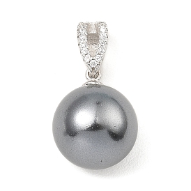 Rhodium Plated 925 Sterling Silver Pendants, with Natural Pearl Beads, Round Charms, with S925 Stamp