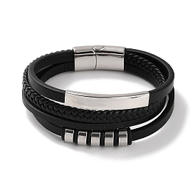 Men's Braided Black PU Leather Cord Multi-Strand Bracelets, Rectangle 304 Stainless Steel Link Bracelets with Magnetic Clasps