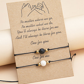 Bracelet couple réglable serti de pierre volcanique, cordon ciré et huiles essentielles - perles noires et blanches