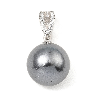 Rhodium Plated 925 Sterling Silver Pendants, with Natural Pearl Beads, Round Charms, with S925 Stamp