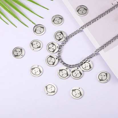 16Pcs 8 Style Stainless Steel Pendants, Manual Polishing, Flat Round with Dog