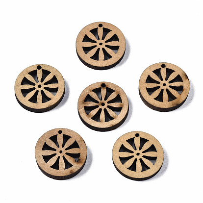 Undyed Natural Wooden Pendants, Ring with Flower
