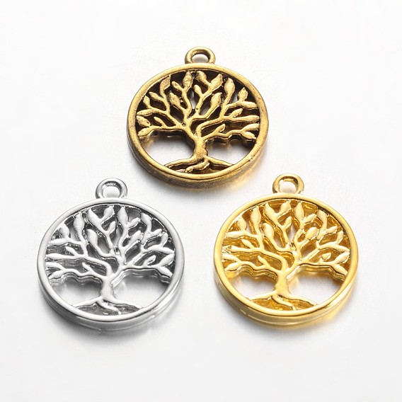 Eco-Friendly Rack Plating Brass Tree of Life Pendants, Lead Free & Cadmium Free & Nickel Free, 18x15x2mm, Hole: 1.5mm