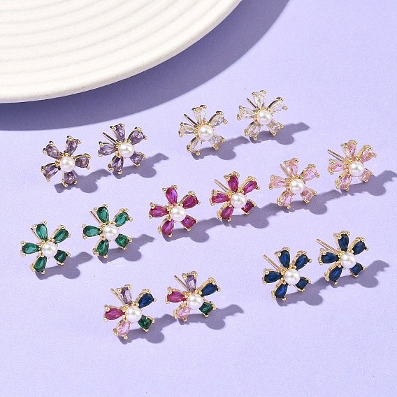 Цветок латунь кубического циркония серьги стержня, с пластмассовой жемчужиной abs, без кадмия и без свинца, долговечный, стойки покрытие, реальный 18 k позолоченный