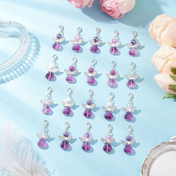 20шт стеклянные подвесные украшения, ангел в форме сердца, с застежками-карабинами из сплава и сплава