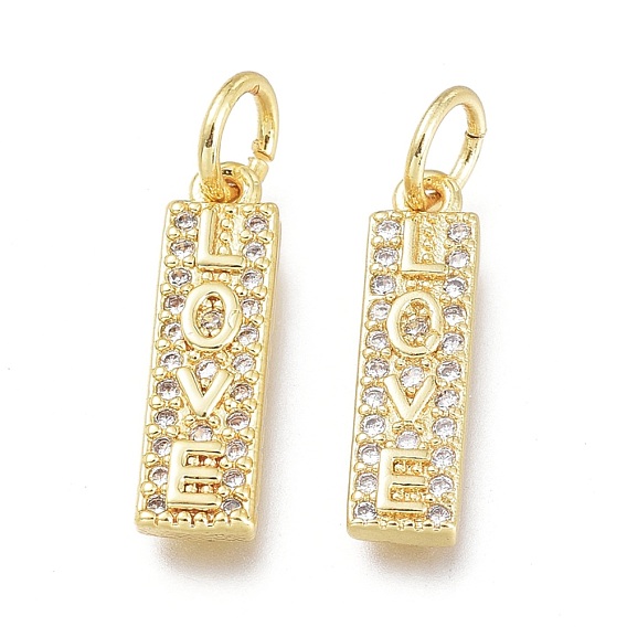 Brass Micro Pave Clear Cubic Zirconia Charms, with Jump Ring, Long-Lasting Plated, Rectangle with Word Love