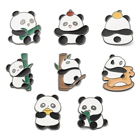 Panda with Orange/Bamboo/Apple Enamel Pins, Gunmetal Alloy Brooch