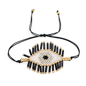 Friendship Eye Loom Pattern Seed Beads Bracelets for Women, Adjustable Nylon Cord Braided Bead Bracelets