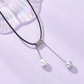 Круглая подвеска с кисточкой из искусственного жемчуга из АБС-пластика, шнур из черного вощеного полиэстера, ожерелье для женщин, с латунными концевыми цепями, белые