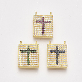 Brass Micro Pave Cubic Zirconia Pendants, Rectangle with Cross, Golden