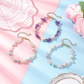 3Pcs Natural Rose Quartz & Amethyst & White Moonstone Chip Beaded Bracelets for Women, with Polished Shell Pearl