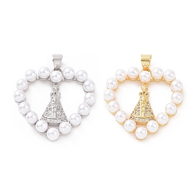 Brass Micro Pave Cubic Zirconia Pendants, with ABS Plastic Imitation Pearl, Heart with Queen Pattern Charm