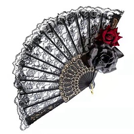 Plastic Lace Vintage Folding Fans, with Rose, Halloween Comic Con Cosplay Accessory