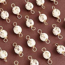 30Pcs Unfinished Wooden Connector Charms, Round with Laser Cut Cross Pattern, with Golden Tone Copper Wire Loops